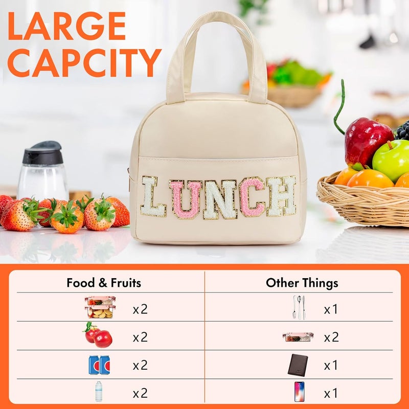 DIRGEE Lunch Bag for Women Insulated For Men PU leather Small Office Work lunch with Chenille Letters Leakproof Freezable Cooler Reusable Portable Box (White) - Image 3